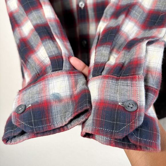 Vince Red Navy Gray Plaid Cotton Button Down Shirt Men’s Large - Picture 5 of 10